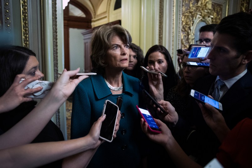 WASHINGTON, DC - OCTOBER 5: Sen. Lisa Murkowksi (R-AK) speaks to reporters after voting no on a cloture vote for the nomination of Supreme Court Judge Brett Kavanaugh to the U.S. Supreme Court, at the U.S. Capitol, October 5, 2018 in Washington, DC. The Senate voted 51-49 in a procedural vote to advance the nomination of Judge Brett Kavanaugh to the U.S. Supreme Court. (Photo by Drew Angerer/Getty Images)