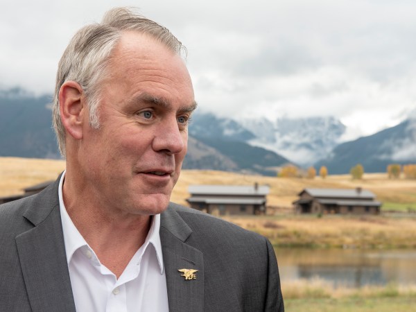 EMIGRANT,MT-OCTOBER, 08: Interior Secretary Ryan Zinke signs a Public Lands Order at a ceremony in Emigrant, MT on October 08, 2018. The Public Lands Order withdraws 30,000 acres of public land from hard rock mining surrounding two proposed gold mines north of Yellowstone National Park for 20 years. The gold mining is opposed by local businesses in Paradise Valley along the Yellowstone River just north of Yellowstone National Park. (Photo by William Campbell-Corbis via Getty Images)