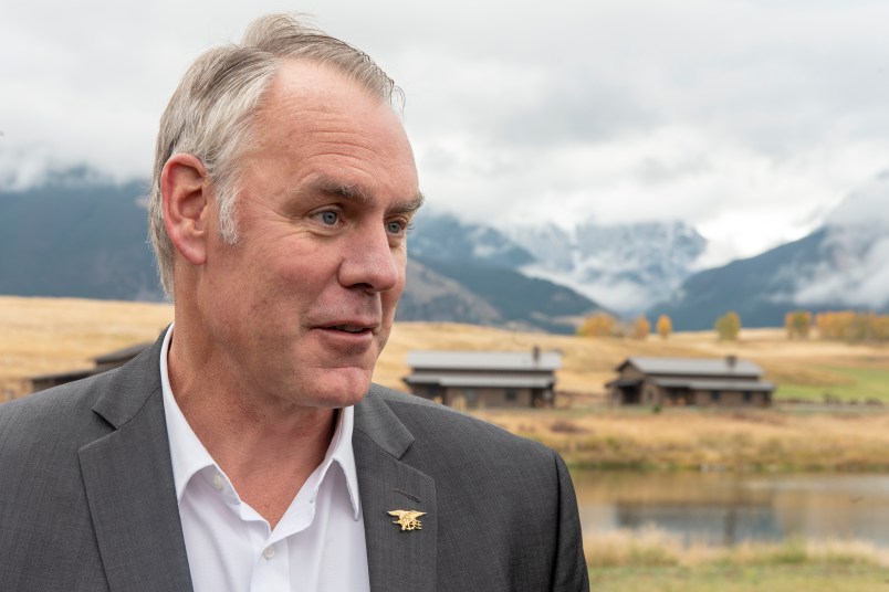 EMIGRANT,MT-OCTOBER, 08: Interior Secretary Ryan Zinke signs a Public Lands Order at a ceremony in Emigrant, MT on October 08, 2018. The Public Lands Order withdraws 30,000 acres of public land from hard rock mining surrounding two proposed gold mines north of Yellowstone National Park for 20 years. The gold mining is opposed by local businesses in Paradise Valley along the Yellowstone River just north of Yellowstone National Park. (Photo by William Campbell-Corbis via Getty Images)