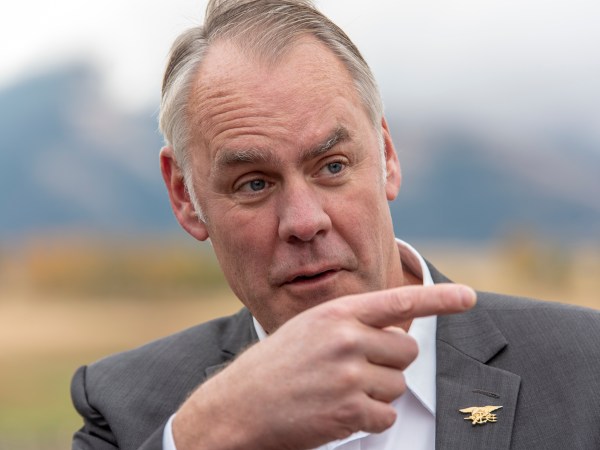 EMIGRANT,MT-OCTOBER, 08: Interior Secretary Ryan Zinke signs a Public Lands Order at a ceremony in Emigrant, MT on October 08, 2018. The Public Lands Order withdraws 30,000 acres of public land from hard rock mining surrounding two proposed gold mines north of Yellowstone National Park for 20 years. The gold mining is opposed by local businesses in Paradise Valley along the Yellowstone River just north of Yellowstone National Park. (Photo by William Campbell-Corbis via Getty Images)