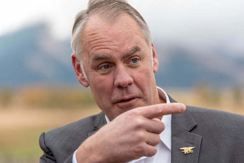 EMIGRANT,MT-OCTOBER, 08: Interior Secretary Ryan Zinke signs a Public Lands Order at a ceremony in Emigrant, MT on October 08, 2018. The Public Lands Order withdraws 30,000 acres of public land from hard rock mining surrounding two proposed gold mines north of Yellowstone National Park for 20 years. The gold mining is opposed by local businesses in Paradise Valley along the Yellowstone River just north of Yellowstone National Park. (Photo by William Campbell-Corbis via Getty Images)