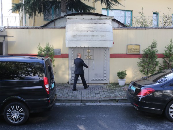 IZMIR, TURKEY - OCTOBER 12: A man walk through the entrance of the Saudi Arabia's consulate on October 12, 2018 in Istanbul, Turkey. Fears are growing over the fate of missing journalist Jamal Khashoggi after Turkish officials said they believe he was murdered inside the Saudi consulate. Saudi consulate officials have said that missing writer and Saudi critic Jamal Khashoggi went missing after leaving the consulate, however the statement directly contradicts other sources including Turkish officials. Jamal Khashoggi a Saudi writer critical of the Kingdom and a contributor to the Washington Post was living in self-imposed exile in the U.S. (Photo by Stringer/Getty Images)