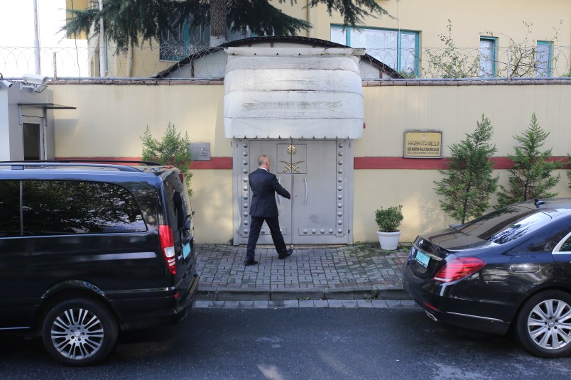 IZMIR, TURKEY - OCTOBER 12: A man walk through the entrance of the Saudi Arabia's consulate on October 12, 2018 in Istanbul, Turkey. Fears are growing over the fate of missing journalist Jamal Khashoggi after Turkish officials said they believe he was murdered inside the Saudi consulate. Saudi consulate officials have said that missing writer and Saudi critic Jamal Khashoggi went missing after leaving the consulate, however the statement directly contradicts other sources including Turkish officials. Jamal Khashoggi a Saudi writer critical of the Kingdom and a contributor to the Washington Post was living in self-imposed exile in the U.S. (Photo by Stringer/Getty Images)