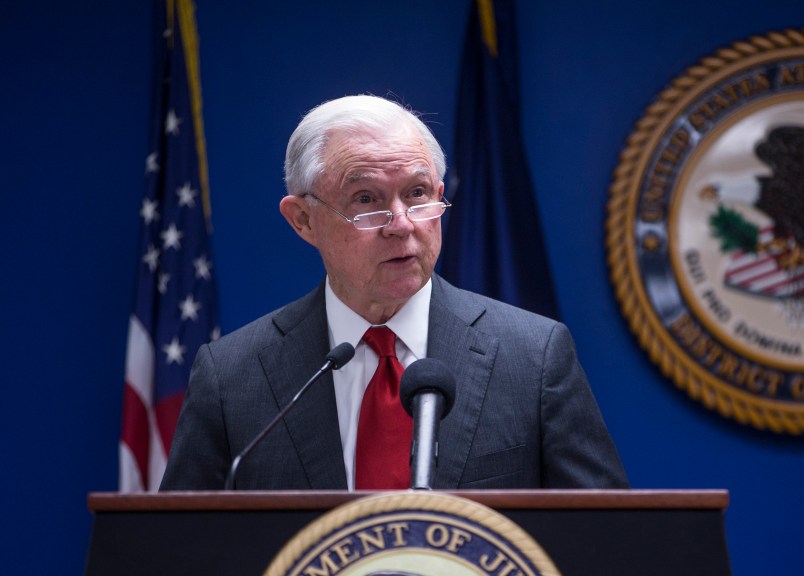 WASHINGTON, DC - OCTOBER 15: U.S. Attorney General Jeff Sessions speaks during a news conference on efforts to reduce transnational crime at the U.S. Attorney's Office for the District of Columbia on October 15, 2018 in Washington, DC.  (Photo by Zach Gibson/Getty Images)