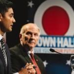 CINCINNATI, OH - OCTOBER, 16: Aftab Pureval, left, and Steve Chabot, right, debated on October 16, 2018 in Cincinnati, Ohio at the Mayerson Jewish Community Center.Chabot, the incumbent Republican for Ohio's 1st Congressional District, debated Aftab Pureval, the Democrat challenging for the seat. Hosted by WKRC-TV, this is the first in a series of three debates between the candidates, who have a repuation of attacking one another in what's become a fiery campaign. (Andrew Spear for The Washington Post via Getty Images)