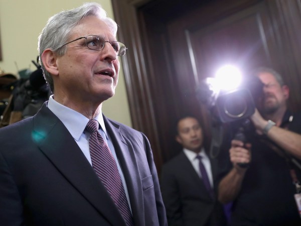 Supreme Court nominee Merrick Garland meets with Sen. Tim Kaine (D-VA) in his office in the Russell Senate Office Building on Capitol Hill April 21, 2016 in Washington, DC. President Barack Obama nominated Garland to replace Associate Justice Antonin Scalia who passed away earlier this year.