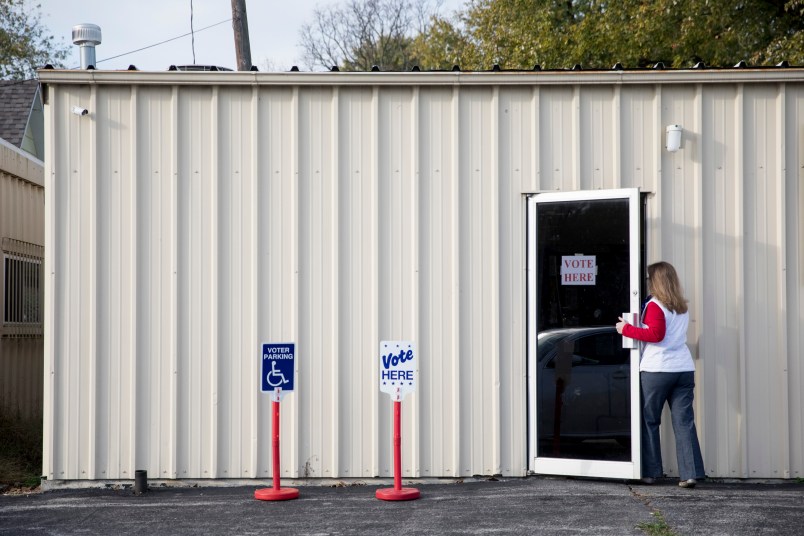 SIBLEY, MO - NOVEMBER 08: A voter enters their polling place on November 8, 2016 at Sibley Community Center in Sibley, Missouri, United States. (Photo by Whitney Curtis/Getty Images)