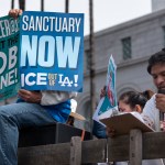 Protesters at a pro-immigration rally where organizers called for a stop to the Immigration and Customs Enforcement (ICE) raids and deportations of illegal immigrants and to officially establish Los Angeles as a sanctuary city. Los Angeles, California February 18, 2017.  (Photo by Ronen Tivony/NurPhoto)