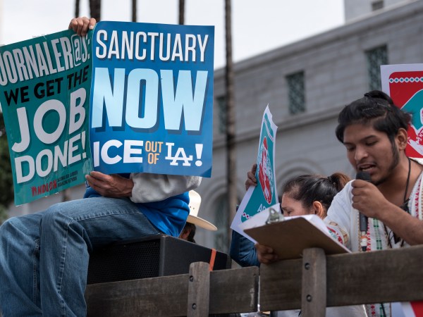 Protesters at a pro-immigration rally where organizers called for a stop to the Immigration and Customs Enforcement (ICE) raids and deportations of illegal immigrants and to officially establish Los Angeles as a sanctuary city. Los Angeles, California February 18, 2017.  (Photo by Ronen Tivony/NurPhoto)