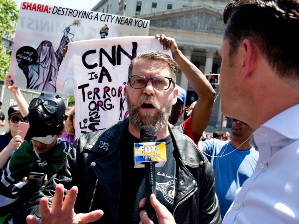 NEW YORK, NY - JUNE 10: The alt-right leader and former co-founder of Vice Magazine Gavin McInnes attends an Act for America rally to protest sharia law on June 10, 2017 in Foley Square in New York City. Members of the Oath Keepers and the Proud Boys, right wing Trump supporting groups that are willing to directly confront and engage left-wing anti-Trump protestors, attended the event. (Photo by Andrew Lichtenstein/ Corbis via Getty Images)