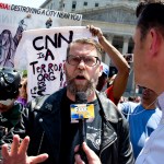 NEW YORK, NY - JUNE 10: The alt-right leader and former co-founder of Vice Magazine Gavin McInnes attends an Act for America rally to protest sharia law on June 10, 2017 in Foley Square in New York City. Members of the Oath Keepers and the Proud Boys, right wing Trump supporting groups that are willing to directly confront and engage left-wing anti-Trump protestors, attended the event. (Photo by Andrew Lichtenstein/ Corbis via Getty Images)