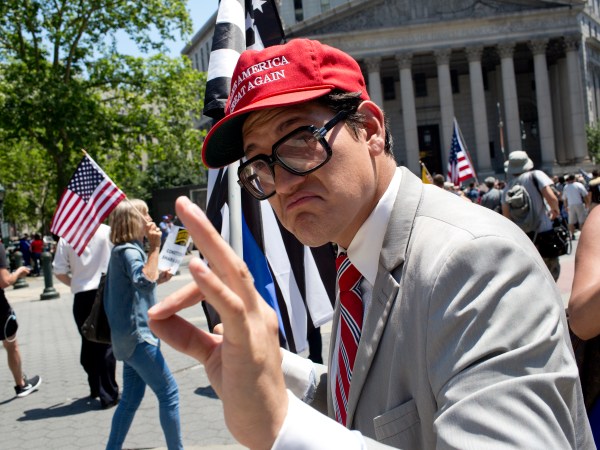 NEW YORK, NY - JUNE 10: The alt-right group Act for America holds a small rally to protest sharia law on June 10, 2017 in Foley Square in New York City. Members of the Oath Keepers and the Proud Boys, right wing Trump supporting groups that are willing to directly confront and engage left-wing anti-Trump protestors, attended the event. (Photo by Andrew Lichtenstein/ Corbis via Getty Images)