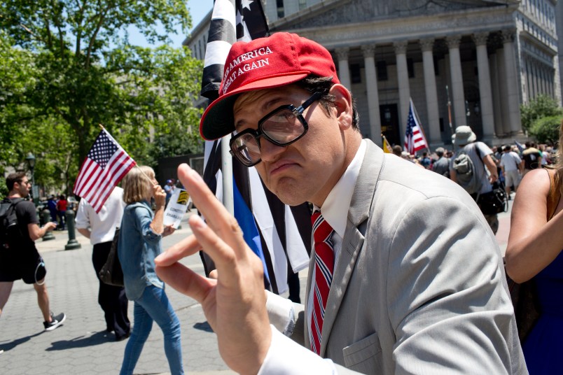 NEW YORK, NY - JUNE 10: The alt-right group Act for America holds a small rally to protest sharia law on June 10, 2017 in Foley Square in New York City. Members of the Oath Keepers and the Proud Boys, right wing Trump supporting groups that are willing to directly confront and engage left-wing anti-Trump protestors, attended the event. (Photo by Andrew Lichtenstein/ Corbis via Getty Images)