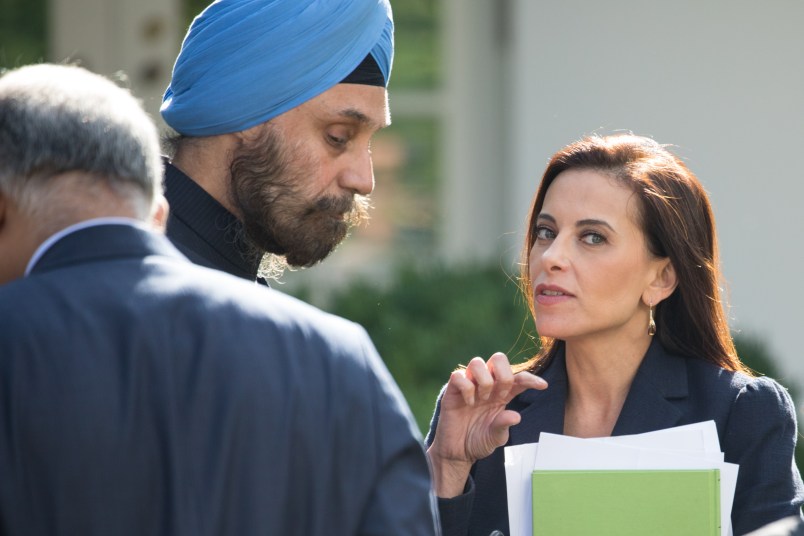 Dina Powell, U.S. Deputy National Security Advisor for Strategy to President Donald Trump, speaks with members of India's delegation, before President Donald Trump and Prime Minister Narendra Modi of India's joint press conference in the Rose Garden of the White House, on Monday, June 26, 2017. (Photo by Cheriss May) (Photo by Cheriss May/NurPhoto)