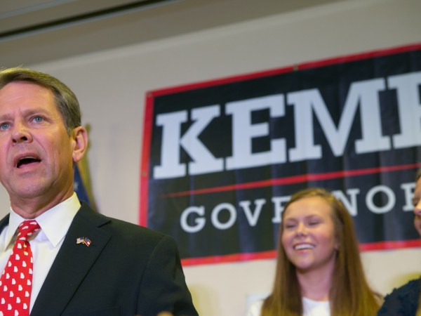 ATHENS, GA - JULY 24:  Secretary of State Brian Kemp addresses the audience and declares victory during an election watch party on July 24, 2018 in Athens, Georgia. Kemp defeated opponent Casey Cagle in a runoff election for the Republican nomination for the Georgia Governor's race.  (Photo by Jessica McGowan/Getty Images)