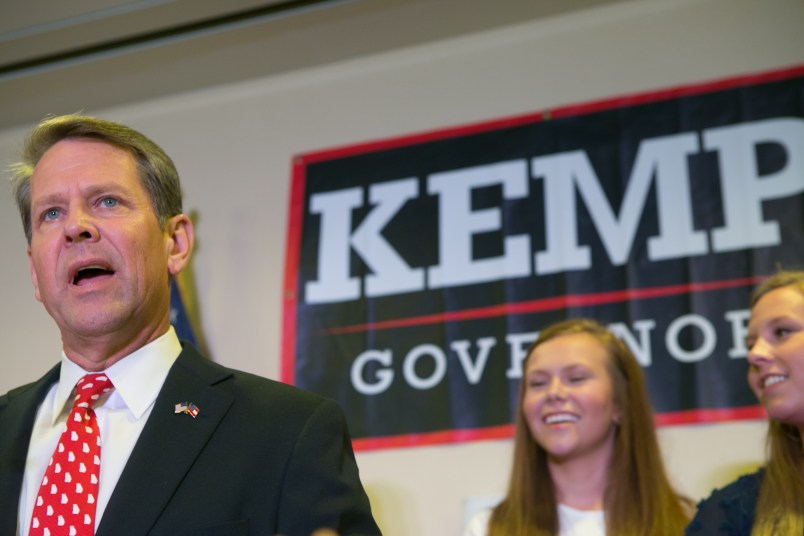 ATHENS, GA - JULY 24:  Secretary of State Brian Kemp addresses the audience and declares victory during an election watch party on July 24, 2018 in Athens, Georgia. Kemp defeated opponent Casey Cagle in a runoff election for the Republican nomination for the Georgia Governor's race.  (Photo by Jessica McGowan/Getty Images)