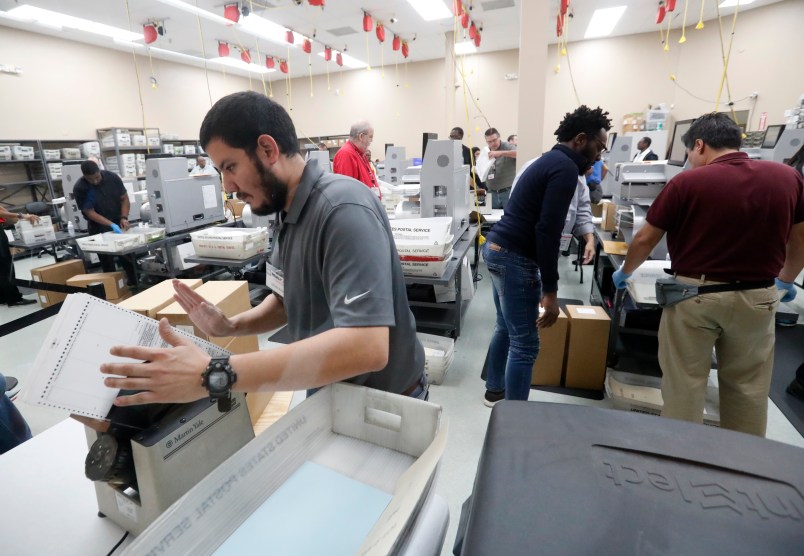 Employees at the Broward County Supervisor of Elections office recount ballots, Wednesday, Nov. 14, 2018, in Lauderhill, Fla. (AP Photo/Wilfredo Lee)