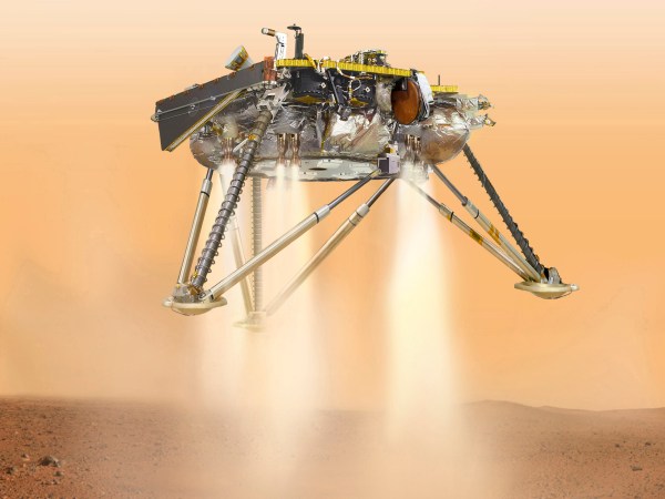 This illustration made available by NASA in October 2016 shows This is an illustration showing a simulated view of NASA's InSight lander about to land on the surface of Mars. This view shows the underside of the spacecraft.NASA's Jet Propulsion Laboratory, a division of Caltech in Pasadena, California, manages the InSight Project for NASA's Science Mission Directorate, Washington. Lockheed Martin Space, Denver, Colorado built the spacecraft. InSight is part of NASA's Discovery Program, which is managed by NASA's Marshall Space Flight Center in Huntsville, Alabama.For more information about the mission, go to https://mars.nasa.gov/insight.Image Credit:NASA/JPL-Caltech