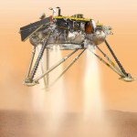 This illustration made available by NASA in October 2016 shows This is an illustration showing a simulated view of NASA's InSight lander about to land on the surface of Mars. This view shows the underside of the spacecraft.NASA's Jet Propulsion Laboratory, a division of Caltech in Pasadena, California, manages the InSight Project for NASA's Science Mission Directorate, Washington. Lockheed Martin Space, Denver, Colorado built the spacecraft. InSight is part of NASA's Discovery Program, which is managed by NASA's Marshall Space Flight Center in Huntsville, Alabama.For more information about the mission, go to https://mars.nasa.gov/insight.Image Credit:NASA/JPL-Caltech