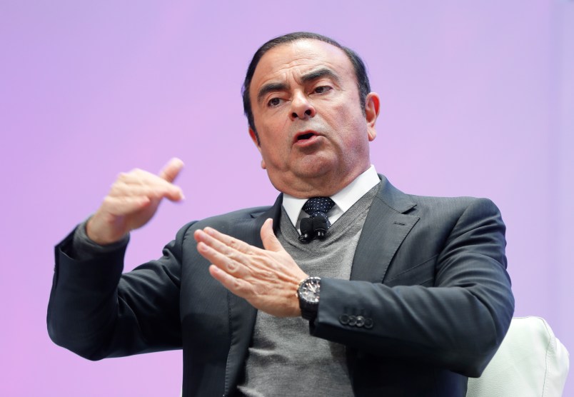 Carlos Ghosn, Chairman of the Board and Chief Executive Officer of Nissan Motor Co., Ltd., speaks at the North American International Auto Show in Detroit, Monday, Jan. 9, 2017. (AP Photo/Paul Sancya)