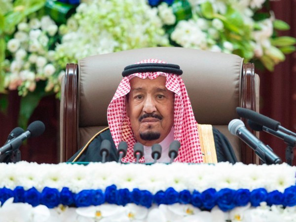 In this photo provided by the Saudi Press Agency, SPA, Saudi King Salman gives his annual policy speech in the ornate hall of the consultative Shura Council, Monday, Nov. 19, 2018, Riyadh, Saudi Arabia. Salman gave his first major speech since the killing of journalist Jamal Khashoggi by Saudi agents, expressing support for his son, the crown prince, and making no mention of the accusations that the prince ordered the killing. Monday’s speech highlighted the kingdom’s priorities for the coming year, focusing on issues such as the war in Yemen, security for Palestinians, stability in the oil market, countering rival Iran and job creation for Saudis.  (AP Photo/Saudi Press Agency)