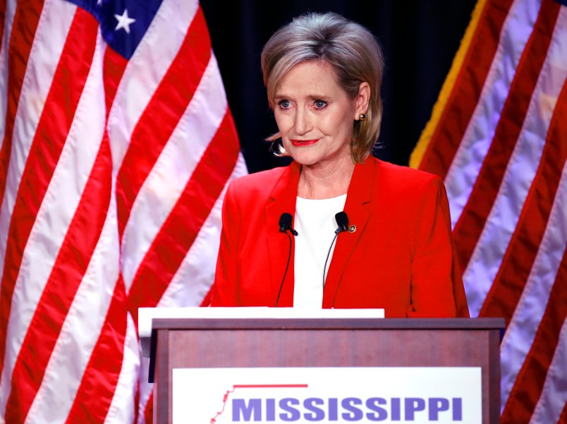 Appointed U.S. Sen. Cindy Hyde-Smith, R-Miss., answers a question during a televised Mississippi U.S. Senate debate with Democrat Mike Espy in Jackson, Miss., Tuesday, Nov. 20, 2018. (AP Photo/Rogelio V. Solis, POOL)