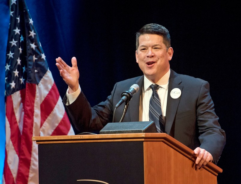 In this Jan. 5, 2018 photo, T.J. Cox, a candidate for the 21st U.S. Congressional District, speaks at a Democratic Party debate at the Gallo Center for the Arts in Modesto. Cox has edged ahead of Republican David Valadao in a U.S. House race in California's farm belt, where votes continue to be counted. Cox has trailed since election night but pulled ahead by 438 votes Monday, Nov. 26, 2018, according to tallies in the 21st District that cuts through four Central Valley counties. The Associated Press had declared Valadao the winner, but votes that have been counted since Nov. 6 narrowed the race and the AP retracted its race call on Monday. (Andy Alfaro/Modesto Bee via AP)
