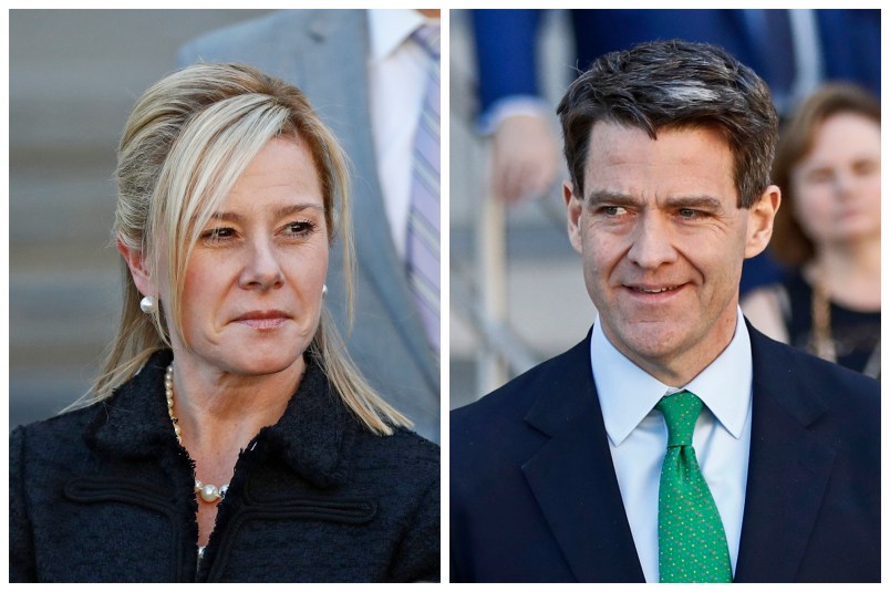 Two former allies of former New Jersey Gov. Chris Christie, who were convicted in November 2016 of fraud, conspiracy and civil rights violations for closing access lanes to the George Washington Bridge in September 2013, are challenging their convictions in federal court, with the 3rd U.S. Circuit Court of Appeals in Philadelphia set to consider the case on April 23, 2018. This combination of March 29, 2017, file photos shows Bridget Kelly, left, leaving federal court after sentencing in Newark, N.J.; and Bill Baroni leaving federal court after sentencing in Newark, N.J. The aim, according to prosecutors, was to use traffic jams to punish the Democratic mayor of Fort Lee, N.J., the town next to the bridge, for not endorsing the Republican governor's re-election campaign. (AP Photo/Julio Cortez)