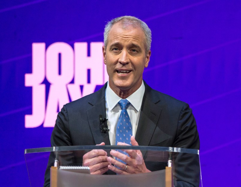 FILE - In this Aug. 28, 2018, file photo, candidate U.S. Rep. Sean Patrick Maloney stands at the podium during a debate by the Democratic candidates for New York State Attorney General at John Jay College of Criminal Justice in New York. The four candidates in the tightly contested primary, Zephyr Teachout, Letitia James, U.S. Rep. Maloney and Leecia Eve have all vowed to be a legal thorn in Republican President Donald Trump's side, opposing his policies on immigration and the environment. And the winner will inherit several pending lawsuits filed by the state that challenge Trump's policies and accuse his charitable foundation of breaking the law. (Holly Pickett/The New York Times via AP, Pool, File)