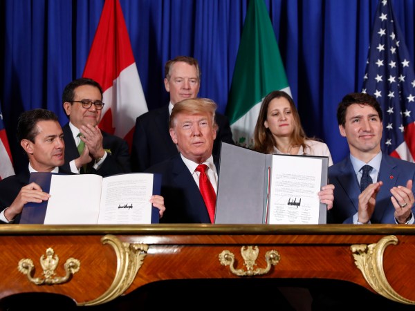 President Donald Trump with Argentina's President Mauricio Macri during their meeting at Casa Rosada, Friday, Nov. 30, 2018 in Buenos Aires, Argentina. (AP Photo/Pablo Martinez Monsivais)President Donald Trump, Canada's Prime Minister Justin Trudeau and Mexico's President Enrique Pena Neto participate in the USMCA signing ceremony, Friday, Nov. 30, 2018 in Buenos Aires, Argentina. (AP Photo/Pablo Martinez Monsivais)