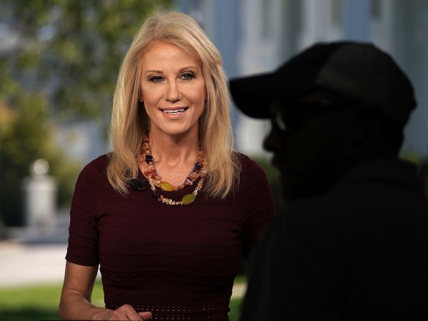 WASHINGTON, DC - OCTOBER 03:  Counselor to U.S. President Donald Trump Kellyanne Conway participates in a TV interview October 3, 2018 at the White House in Washington, DC. New York State tax officials are reviewing fraud allegations the New York Times has reported on tax schemes TrumpÕs father had committed in order to transfer millions of dollars to his children without paying the appropriate taxes.  (Photo by Alex Wong/Getty Images) *** Local Caption *** Kellyanne Conway