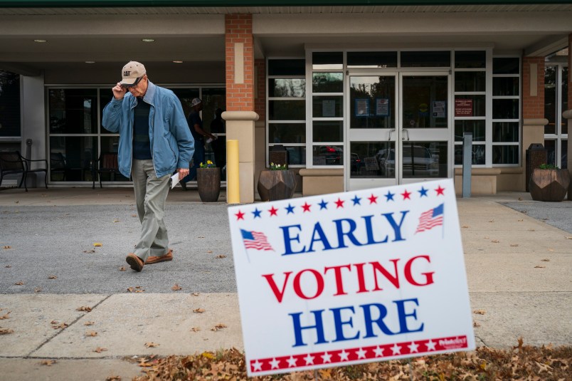 FRANKLIN, TN - OCTOBER 31: A man exits an early voting polling place at the Williamson County Clerk's office, October 31, 2018 in Franklin, Tennessee. U.S. Rep. Marsha Blackburn, who represents Tennessee’s 7th Congressional district in the U.S. House, is running in a tight race against Democratic candidate Phil Bredesen, a former governor of Tennessee. The two are competing to fill the Senate seat left open by Sen. Bob Corker (R-TN), who opted to not seek reelection. (Photo by Drew Angerer/Getty Images)