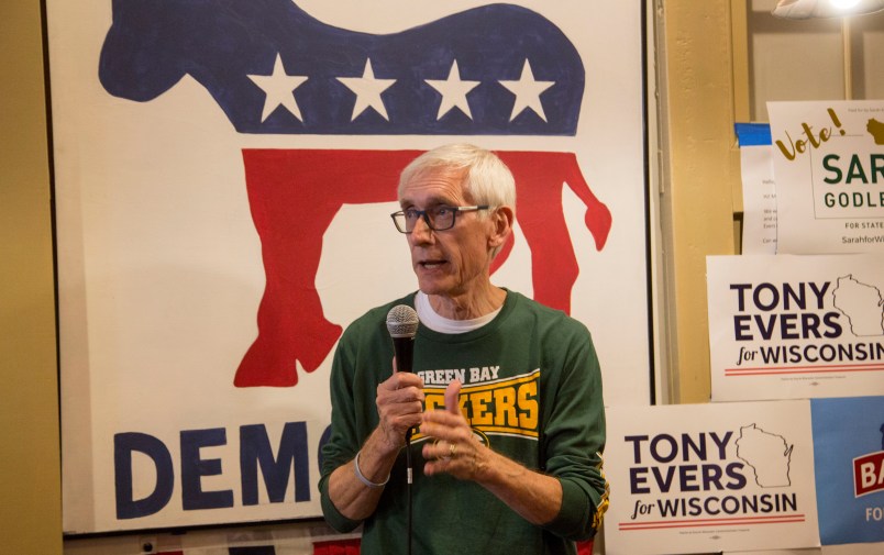 RACINE, WI - NOVEMBER 04: Democratic candidate for Wisconsin Governor, Tony Evers speaks to supporters at the Racine County Democratic office on November 4, 2018 in Racine, Wisconsin. (Photo by Darren Hauck/Getty Images)