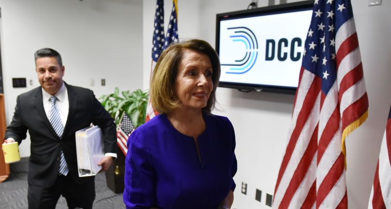 House minority leader Nancy Pelosi, D-CA, departs after a press conference with Democratic Congressional Campaign Committee  Chairman Ben Ray Lujan at Democratic National Committee headquarters in Washington, DC on November 6, 2018. - Americans started voting Tuesday in critical midterm elections that mark the first major voter test of US President Donald Trump's controversial presidency, with control of Congress at stake. (Photo by MANDEL NGAN / AFP)        (Photo credit should read MANDEL NGAN/AFP/Getty Images)