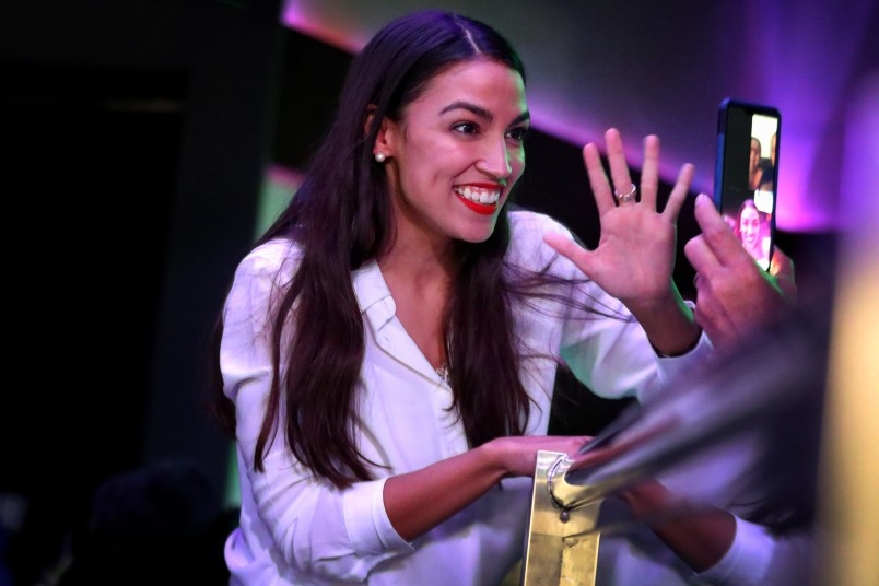 NEW YORK, NY - NOVEMBER 06: Alexandria Ocasio-Cortez celebrates her victory La Boom night club in Queens on November 6, 2018 in New York City. With her win against Republican Anthony Pappas, Ocasio-Cortez became the youngest woman elected to Congress.  (Photo by Rick Loomis/Getty Images)