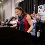 OLATHE, KS - NOVEMBER 06: Democratic candidate for Kansas' 3rd Congressional District Sharice Davids speaks to supporters during an election night party on November 6, 2018 in Olathe, Kansas. Davids defeated incumbent Republican Kevin Yoder. (Photo by Whitney Curtis/Getty Images)