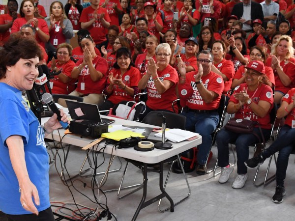 LAS VEGAS, NEVADA - NOVEMBER 05:  U.S. Rep. and U.S. Senate candidate Jacky Rosen (D-NV) speaks at a rally with union members at a canvass launch at the Culinary Workers Union Hall Local 226 on November 5, 2018 in Las Vegas, Nevada. Rosen is trying to unseat Republican Dean Heller in a tight Senate race.  (Photo by Ethan Miller/Getty Images)