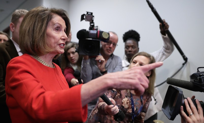 WASHINGTON, DC - NOVEMBER 14: House Minority Leader Nancy Pelosi (D-CA) talks to journalists before heading into a Democratic caucus meeting in the U.S. Capitol Visitors Center November 14, 2018 in Washington, DC. Democrats gained 33 seats in the House of Representatives in the midterm elections so far and appear on track to gain between 35 and 40 once all the counting is complete, putting them in control of the chamber in 2019. (Photo by Chip Somodevilla/Getty Images)