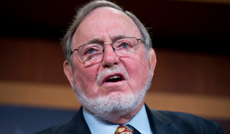 UNITED STATES - JANUARY 26:  Rep. Don Young, R-Alaska, conducts a news conference in the Capitol's Senate studio to "respond to the Obama administration's efforts to lock up millions of acres of the nation's richest oil and natural gas prospects on the Arctic coastal plain and move to block development of Alaska's offshore resources," January 26, 2015. Senate Energy and Natural Resources Chairwoman Lisa Murkowski, R-Alaska, and Sen. Dan Sullivan, R-Alaska, also attended. (Photo By Tom Williams/CQ Roll Call)