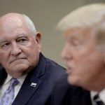 Agriculture secretary Sonny Perdue looks on  as President  Donald Trump speaks during a roundtable with farmers in the Roosevelt Room of the White House in Washington, DC, on April 25, 2017. Photo by Olivier Douliery/ Sipa USA