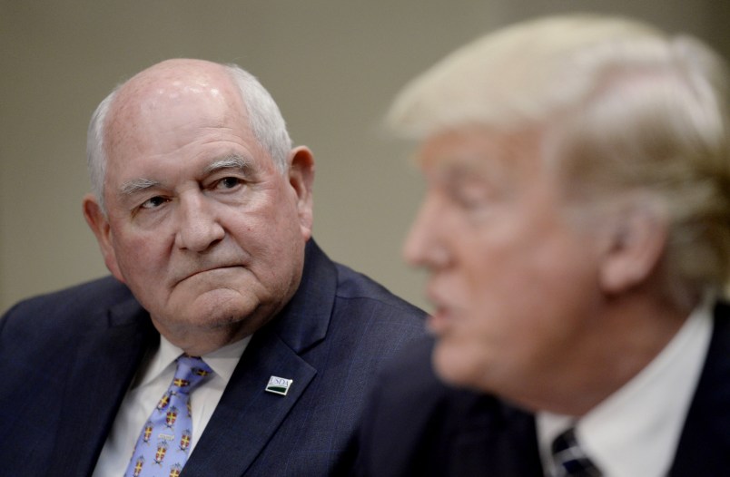 Agriculture secretary Sonny Perdue looks on  as President  Donald Trump speaks during a roundtable with farmers in the Roosevelt Room of the White House in Washington, DC, on April 25, 2017. Photo by Olivier Douliery/ Sipa USA