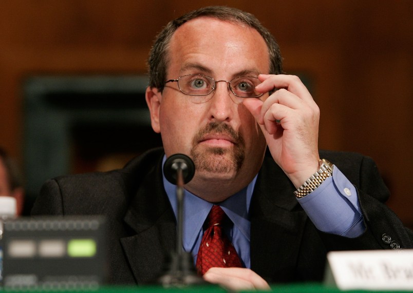WASHINGTON - JUNE 05:  Bradley Schlozman, associate counsel to the director of the Executive Office for United States Attorneys, and former interim U.S. attorney for the Western District of Missouri, adjusts his glasses as he testifies during a hearing before the Senate Judiciary Committee on Capitol Hill June 5, 2007 in Washington, DC. The hearing focused on prosecutorial independence of the Justice Department and the firing of the eight U.S .Attorneys.  (Photo by Alex Wong/Getty Images) *** Local Caption *** Bradley Schlozman
