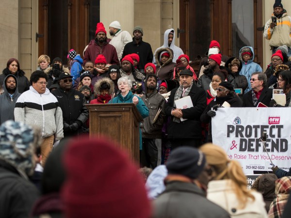 Sister Kathleen Nolan, a member of the Adrian Dominican Sisters in Adrian, Michigan, speaks out against Senate Bill 1171, or Michigan's One Fair Wage proposal, on Wednesday, Nov. 28, 2018, on the steps of the Michigan State Capitol in Lansing, Michigan. It's passage would revoke the raise Michigan’s tipped workers get under existing legislation. (AP Photo/Matthew Dae Smith/Lansing State Journal)