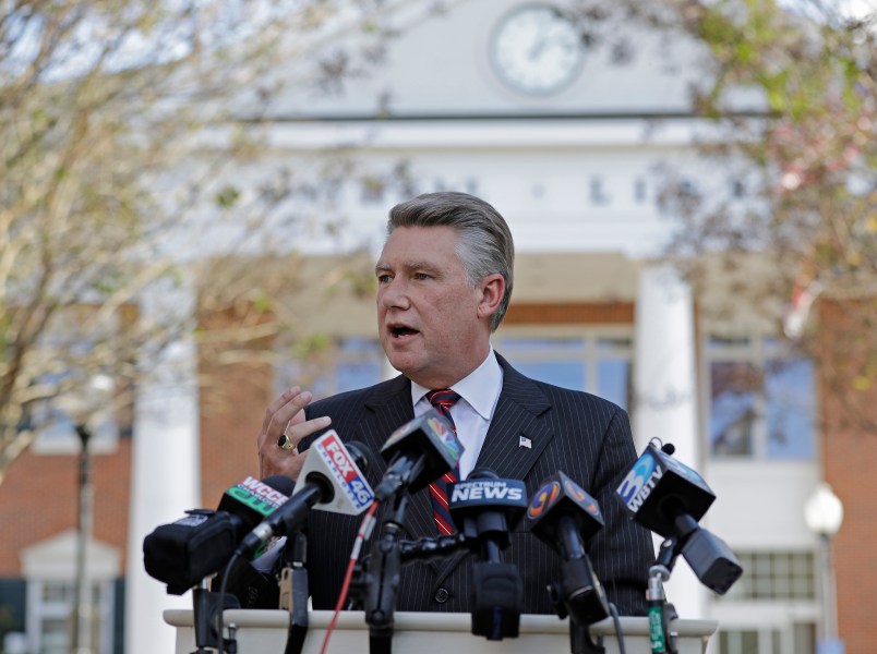 Mark Harris speaks to the media during a news conference in Matthews, N.C., Wednesday, Nov. 7, 2018. Harris is leading Dan McCready for the 9th congressional district in a race that is still too close to call. (AP Photo/Chuck Burton)