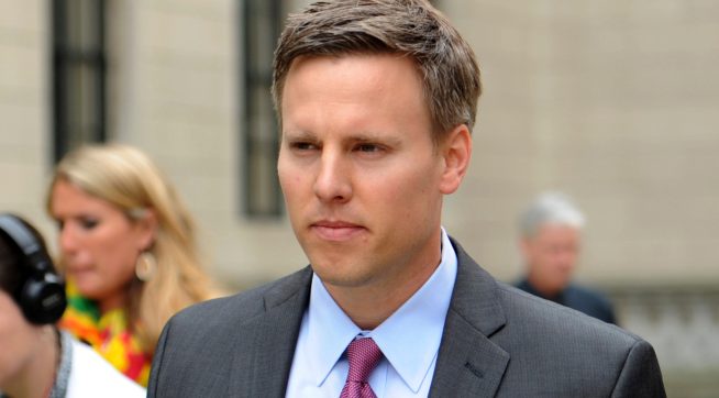 Bill Stepien, , left, former campaign manager for Governor Chris Christie and his attorney Kevin Marino, leave the State House during a lunch break after listening to the testimony of Kevin O'Dowd, Governor Christie's chief of staff, before the New Jersey Select Commission on Investigation looking into the closure of lanes on the George Washington Bridge, Trenton, N.J., Monday, June 9, 2014. (AP Photo/The Record of Bergen County, Amy Newman)