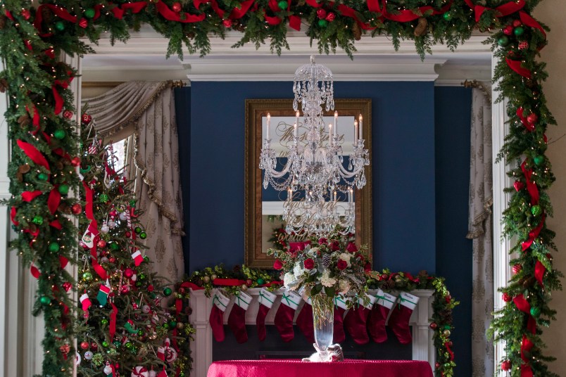 Holiday decorations are seen at the Vice President's residence, Thursday, Dec. 6, 2018, in Washington. (AP Photo/Alex Brandon)