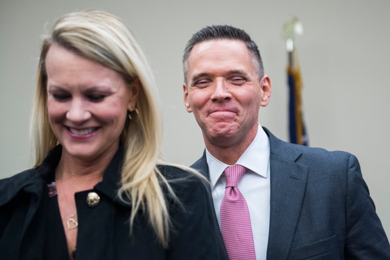 UNITED STATES - NOVEMBER 30: Rep.-elect Ross Spano, R-Fla., and his wife, Amie, are seen after drawing in the new member room lottery for office space in Rayburn Building on November 30, 2018. (Photo By Tom Williams/CQ Roll Call)
