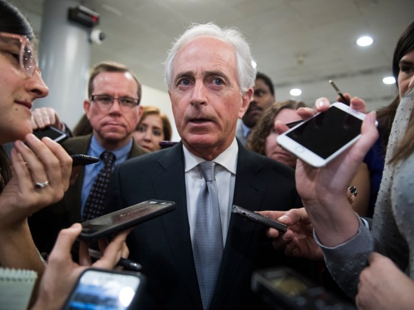 UNITED STATES - DECEMBER 6: Sen. Bob Corker, R-Tenn., talks with reporters in the Senate subway on December 6, 2018. (Photo By Tom Williams/CQ Roll Call)
