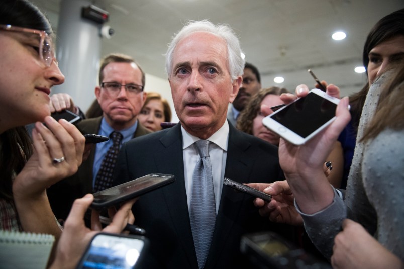 UNITED STATES - DECEMBER 6: Sen. Bob Corker, R-Tenn., talks with reporters in the Senate subway on December 6, 2018. (Photo By Tom Williams/CQ Roll Call)