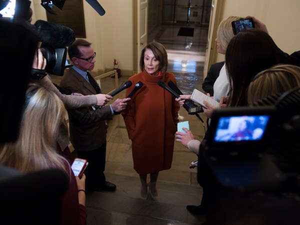 UNITED STATES - DECEMBER 11: House Minority Leader Nancy Pelosi, D-Calif., talks with reporters in the Capitol arriving back from a White House meeting with President Trump, Vice President Pence and Senate Minority Leader Charles Schumer, D-N.Y., about the border wall and a potential government shutdown on December 10, 2018.(Photo By Tom Williams/CQ Roll Call)